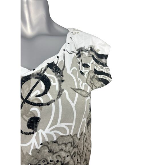 T-shirt Women’s Black White Rose Studded Small Graphic Y2K V-neck Leo Guy 90s - Picture 5 of 11